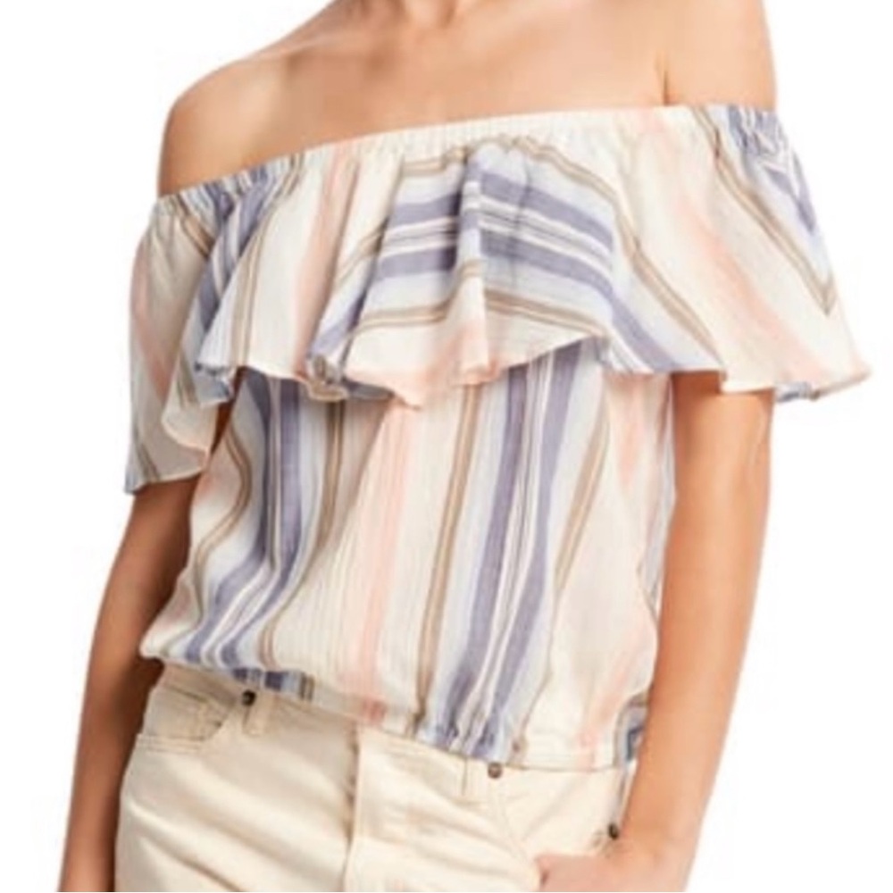 Michael Stars Jordy Multi-Wear Flounce Top Size S Striped Off-Shoulder Blouse
